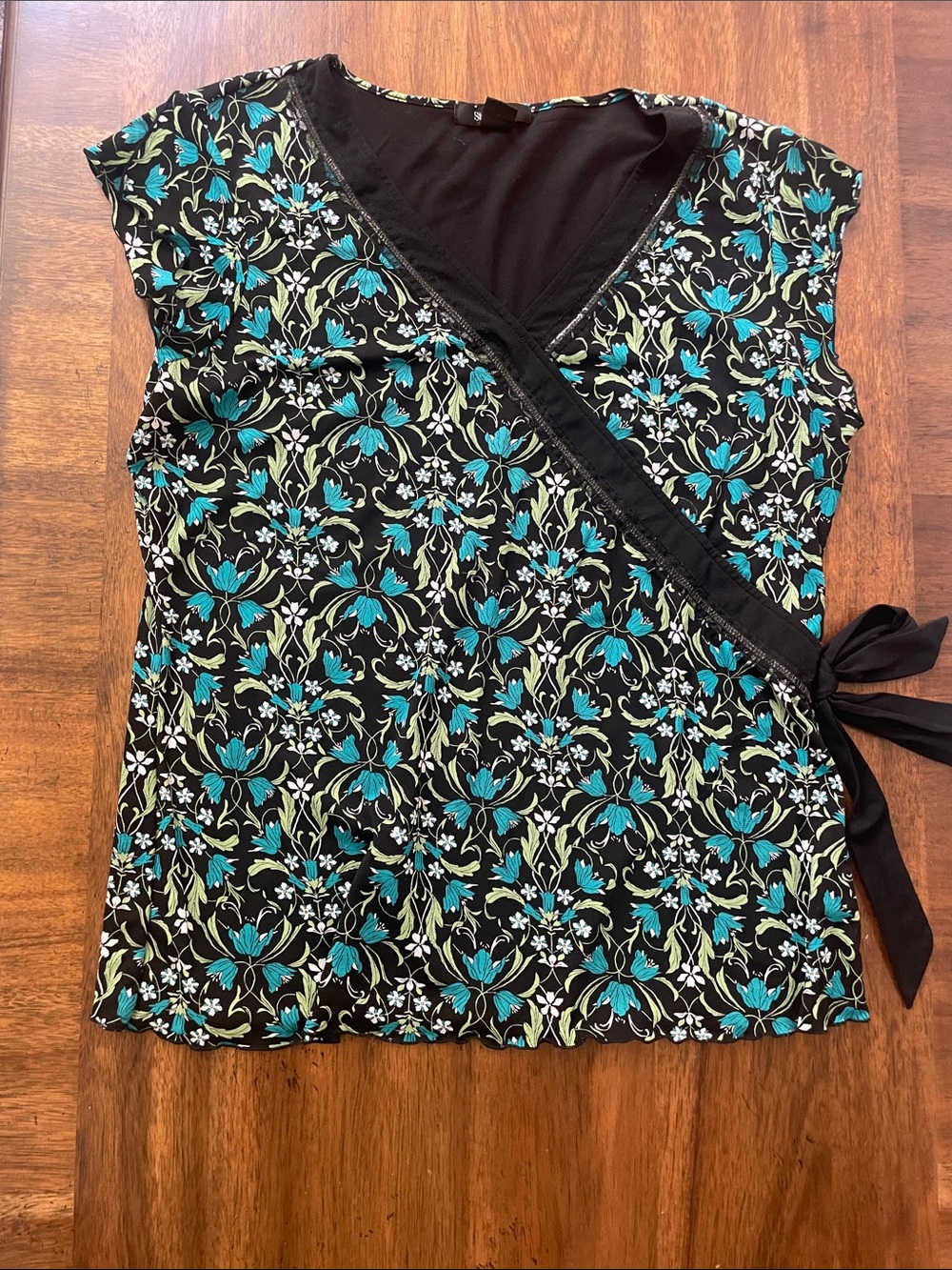 Style & Co. Black Floral Wrap Top with Teal and Green Print
